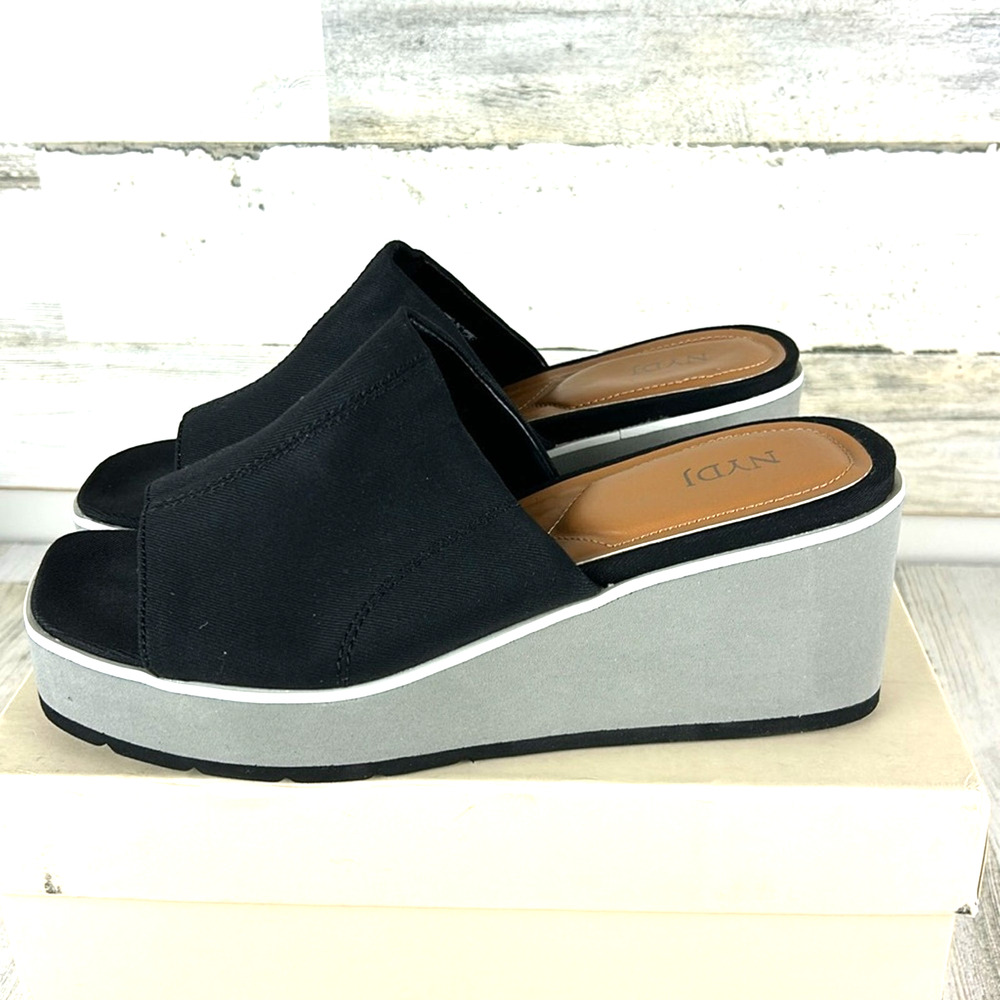 NYDJ Womens 8.5 Black Gray Rysa Canvas Fabric Platform Wedge Sandals NWT